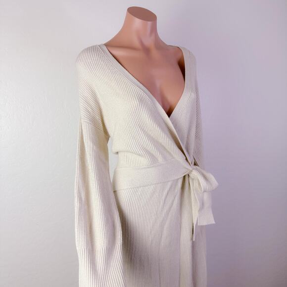 WAYF Ribbed Knit Long Sleeve Tie Wrap Sweater Dress Cream Fall Cozy Size L NWT - Picture 3 of 12